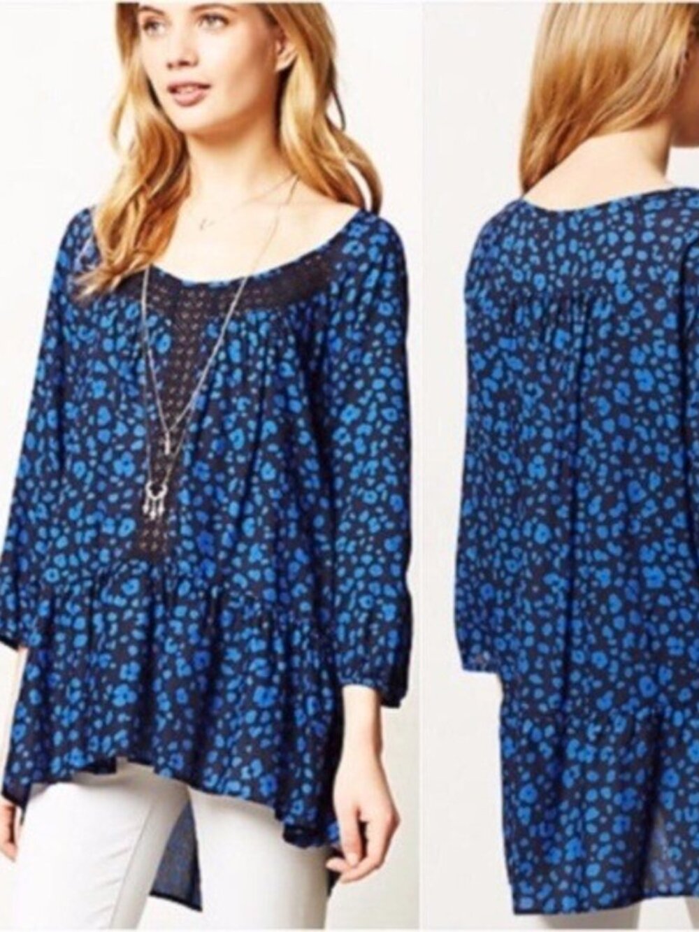 HD in Paris Anthropologie Blue Dappled Tiered Lace Inserts Tunic Ressica Top M